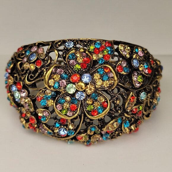 Floral Cuff Bracelet Gold Tone Multicolored Stone Cuff Bracelet- NEW - Picture 1 of 16